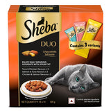 Sheba Duo cat food packaging with a cat on a white background