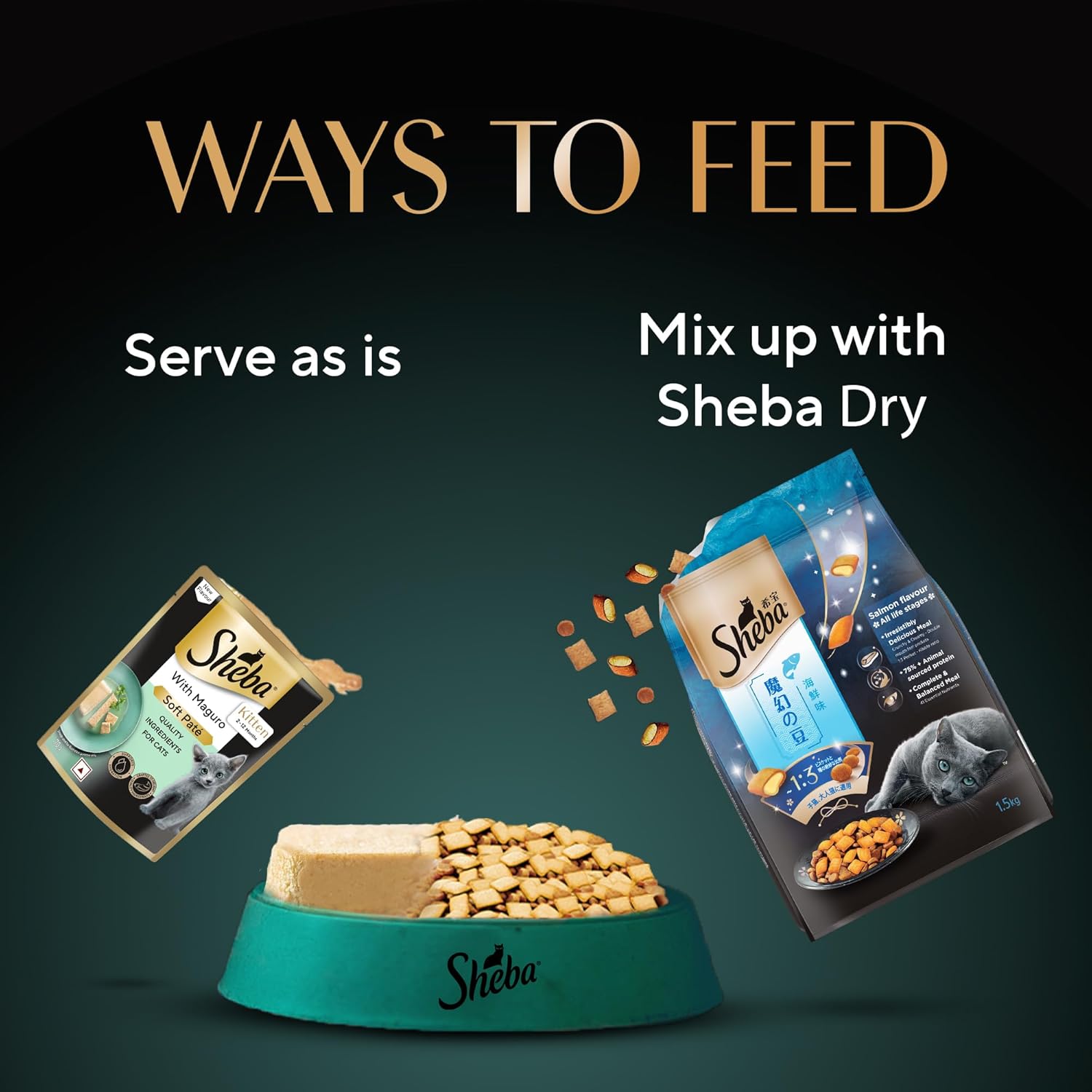 Sheba pet food packaging with a bowl of food and text on ways to feed.