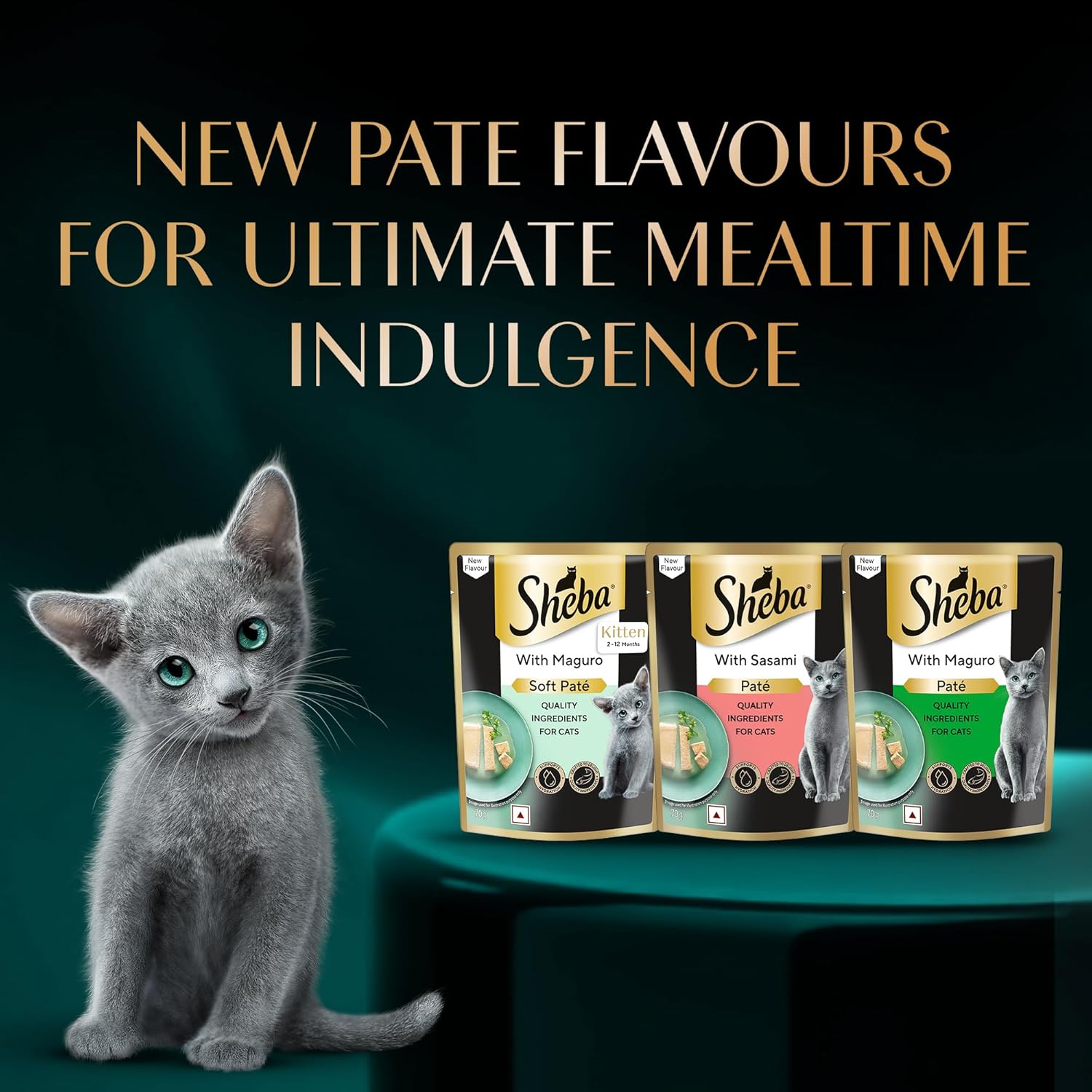Sheba cat food packets with a kitten on a dark background