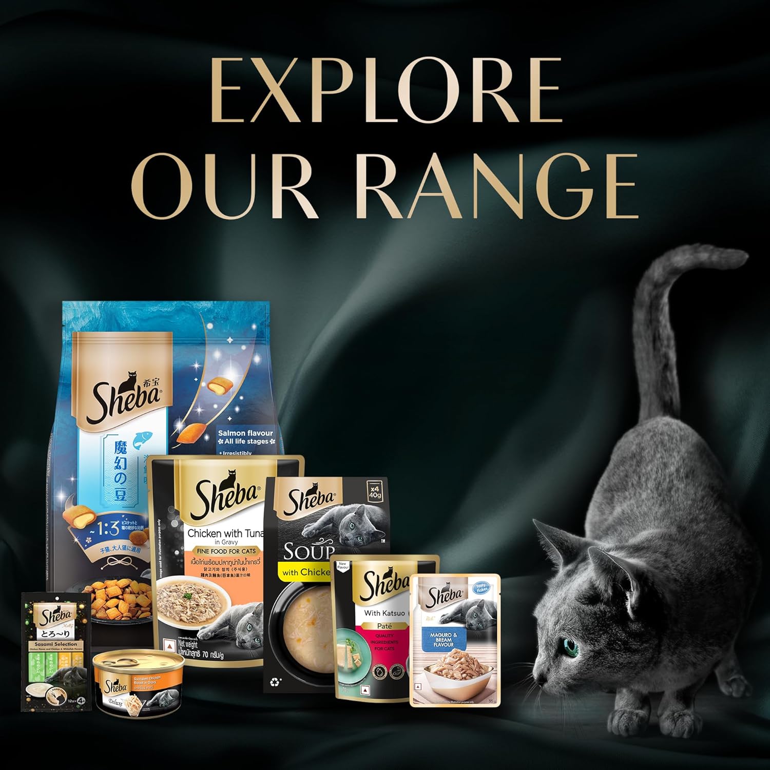 Sheba pet food products displayed with a cat on a dark background, text 'Explore Our Range'.
