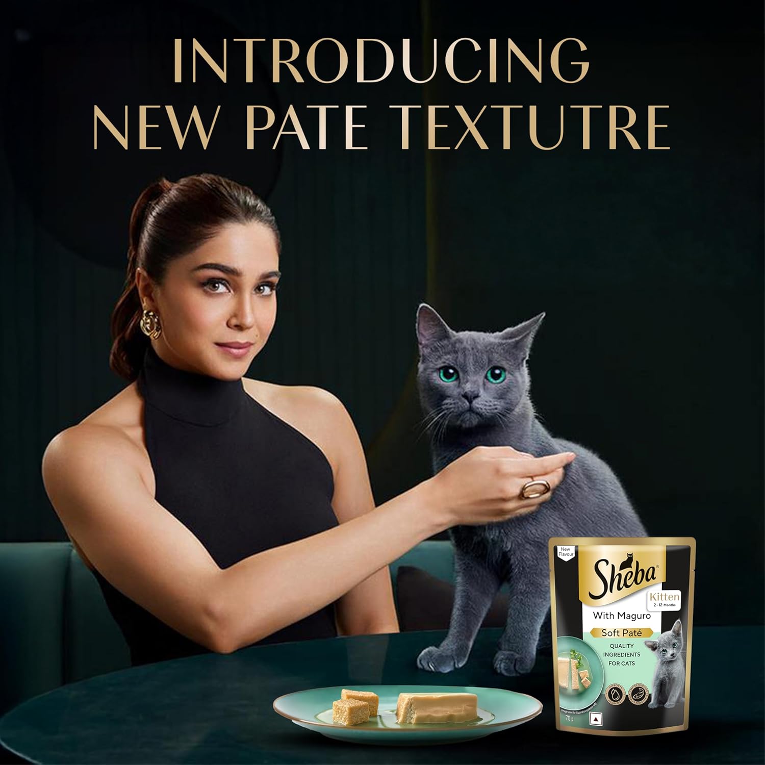 Woman with a gray cat and Sheba pet food packaging on a dark background