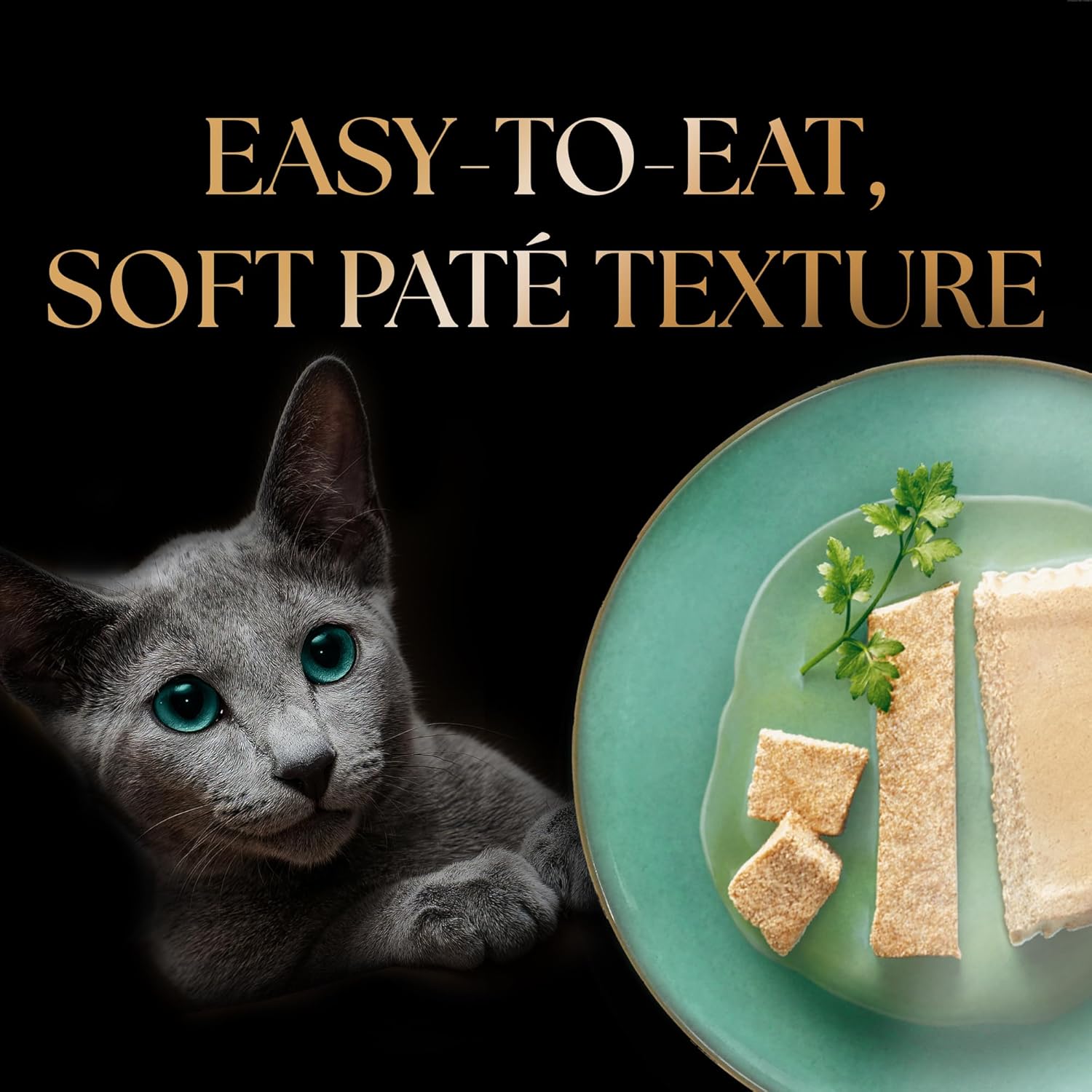 Cat looking at a plate of cat food with text 'Easy-to-eat, soft páté texture' on a black background