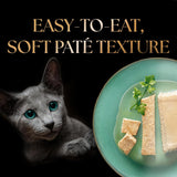 Cat looking at a plate of cat food with text 'Easy-to-eat, soft páté texture' on a black background