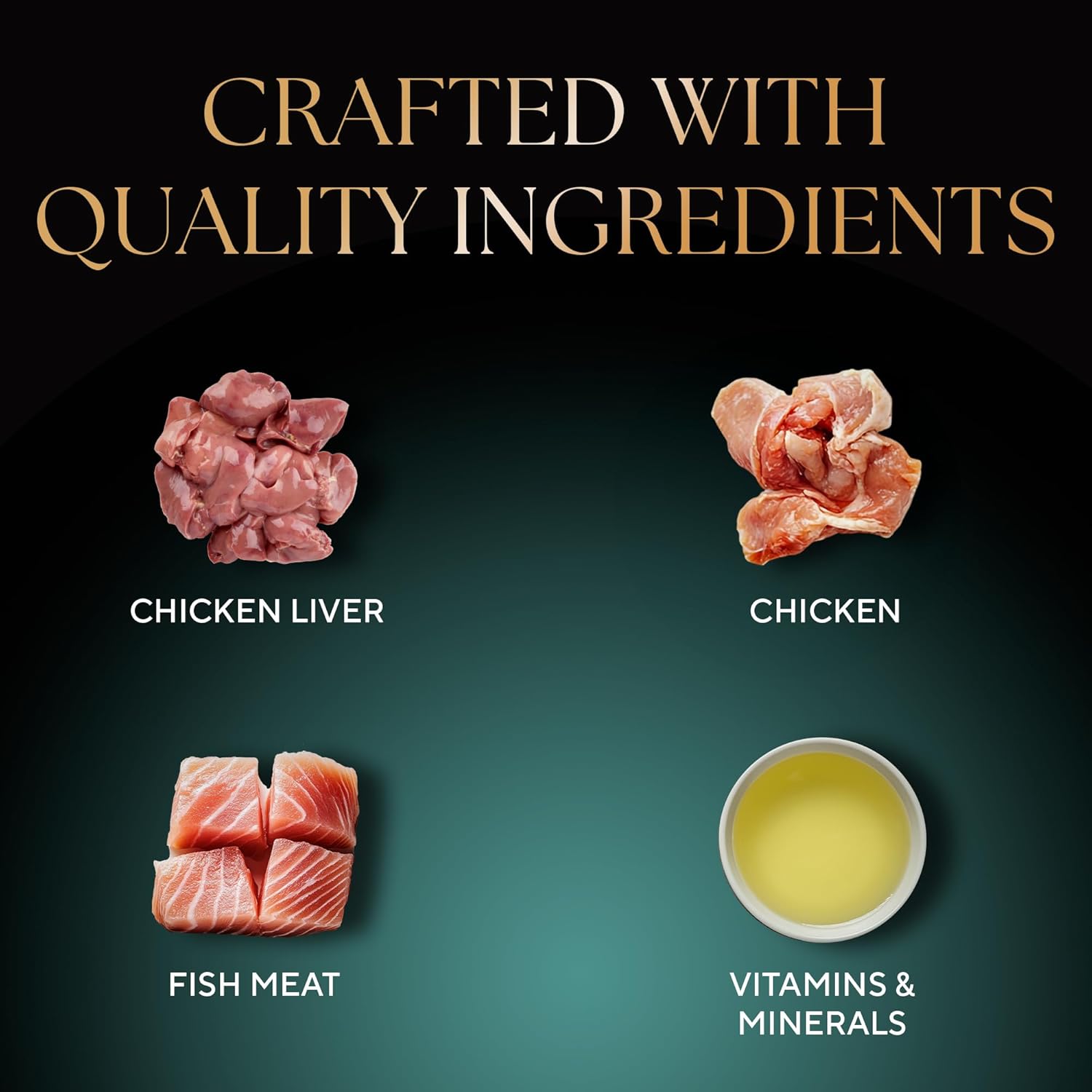 Quality ingredients including chicken liver, chicken, fish meat, and vitamins & minerals on a dark background.
