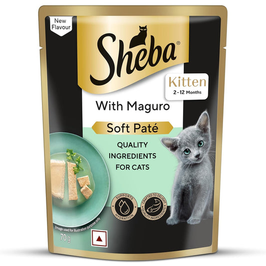 Sheba Kitten with Maguro Soft Pate cat food package on a white background