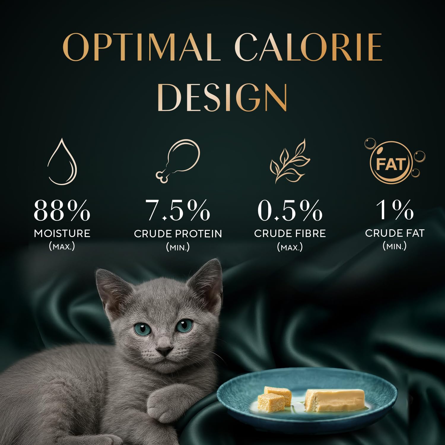 Gray kitten with a bowl of food and nutritional information on a dark background