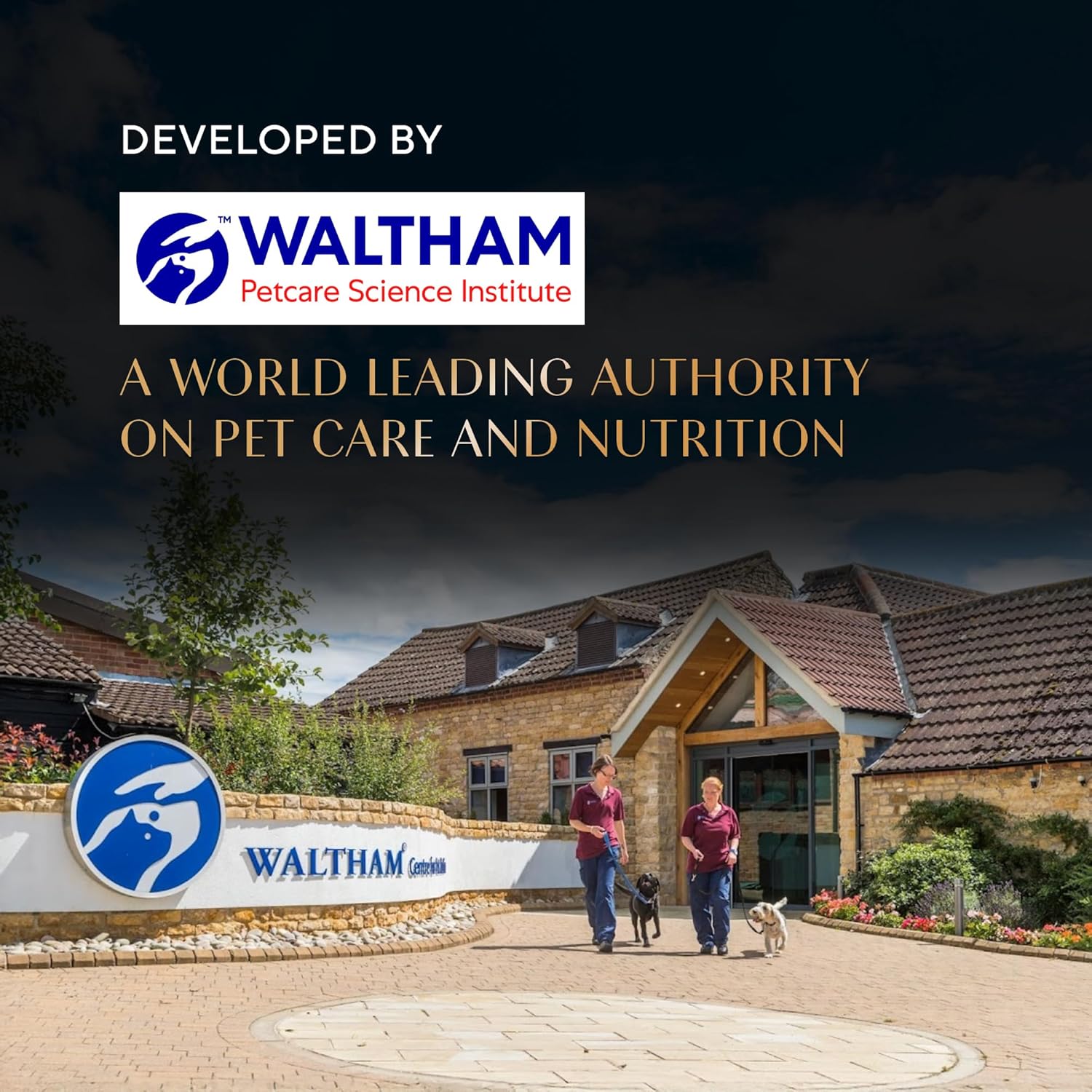 Waltham Petcare Science Institute logo with a building and people walking a dog in the background.