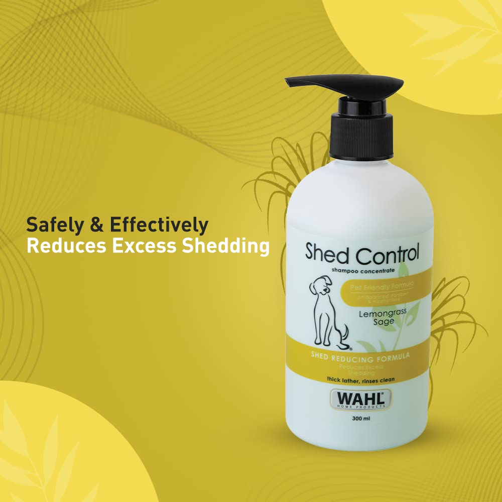 Wahl Shed Control shampoo bottle on a yellow background