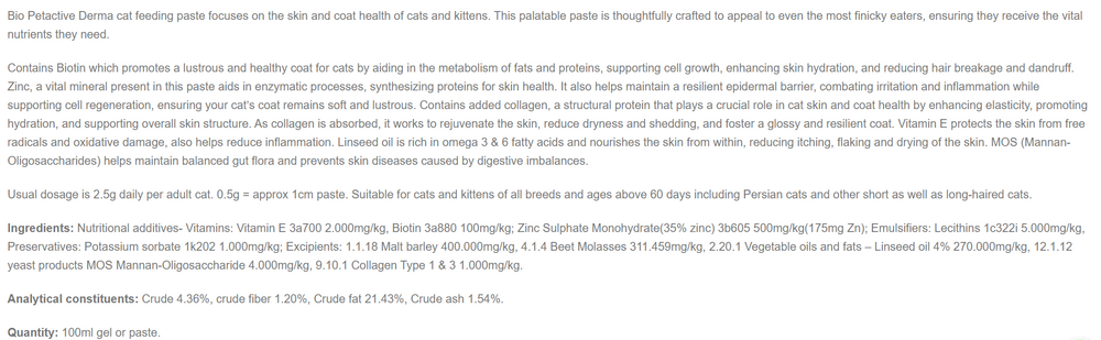 Supplement to reduce shedding and improve cat's skin