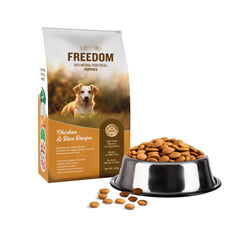 Dog food package with a bowl of dog food on a white background