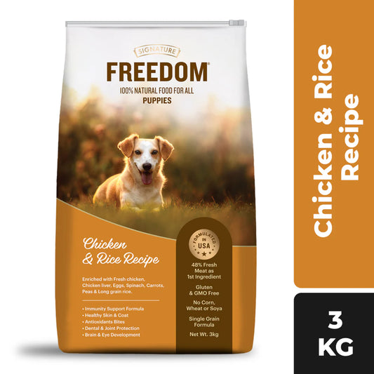 Dog food package with a puppy on the label, featuring the brand 'Freedom'.