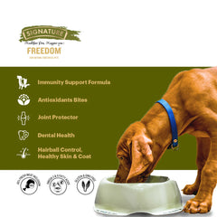 Dog eating from a bowl with Signature Freedom pet food label on a green background