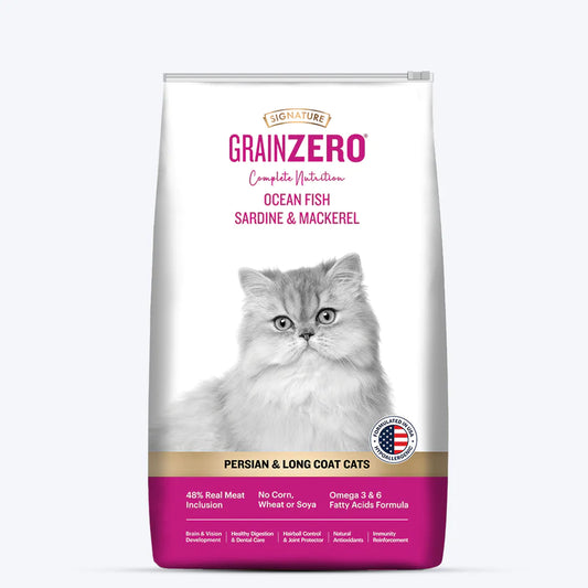 Signature Grain Zero Ocean Fish, Sardine & Mackerel Long Coat & Persian Adult Cat Dry Food.