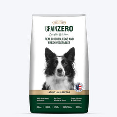 A bag of Signature Grain Zero Adult Dry Dog Food featuring an image of a collie dog, with a label that highlights the breed-specific formula and grain-free content.