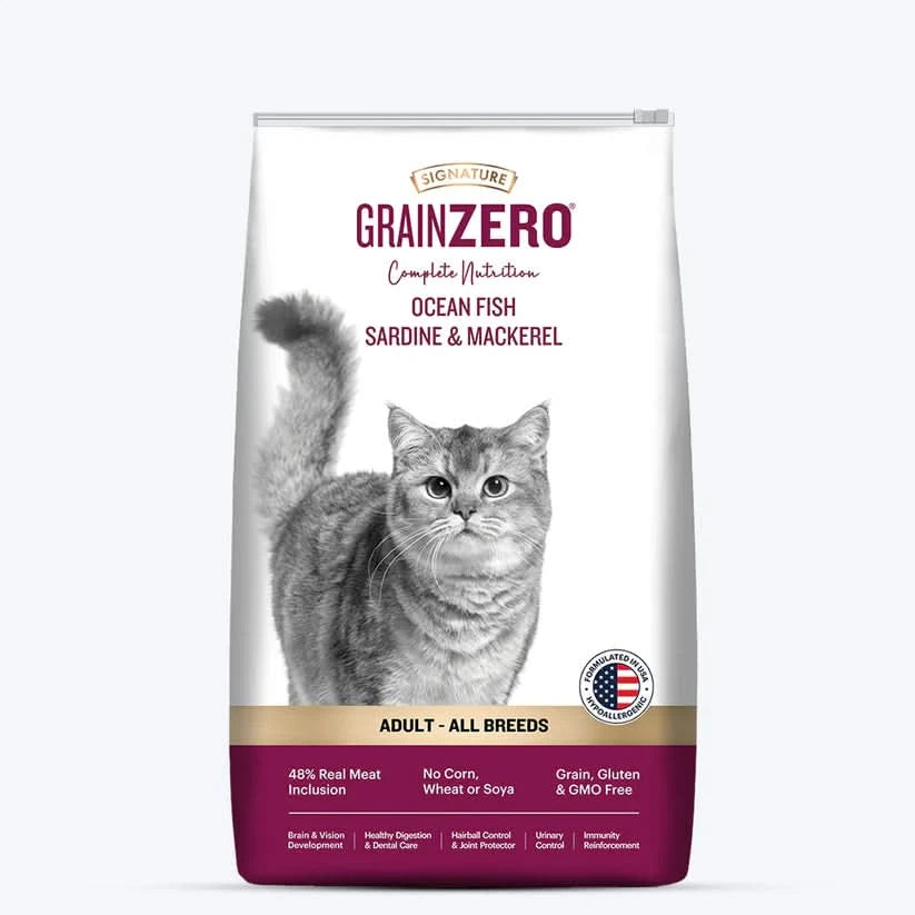Bag of Signature Grain Zero Adult Dry Cat Food.
