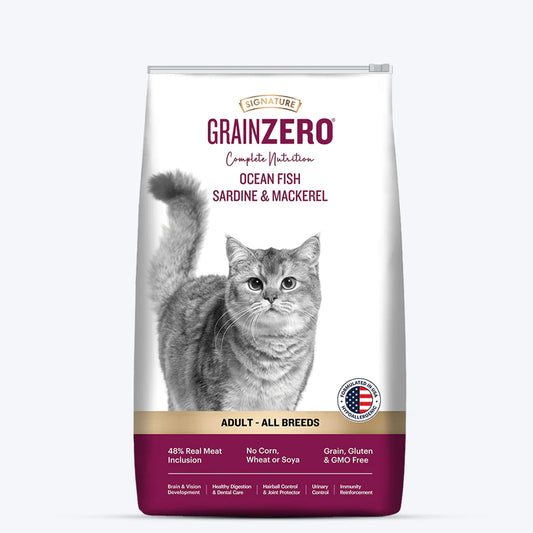 Bag of Signature Grain Zero Adult Dry Cat Food.
