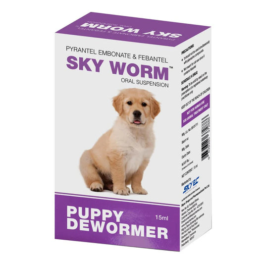 Box of Sky Worm Puppy Dewormer with a puppy illustration on a white background