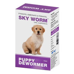 Box of Sky Worm Puppy Dewormer with a puppy illustration on a white background
