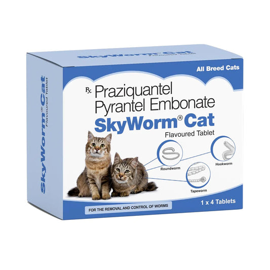Box of Sky Worm Cat Flavored Tablets for cats on a white background