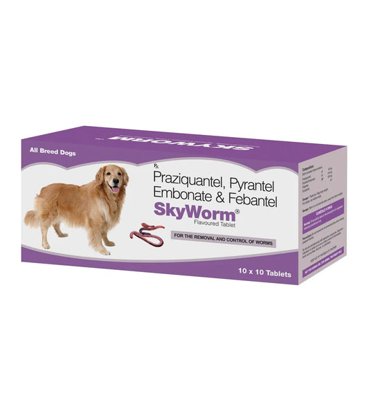 Box of Sky Worm for dogs with a purple and white design.