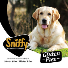 Display of salmon and egg ingredients used in Sniffy dog food.


