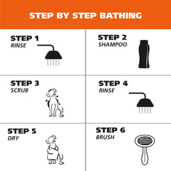 Step-by-step guide to bathing a dog with icons and text
