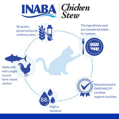 INABA Chicken Stew product information graphic with icons and text on a white background