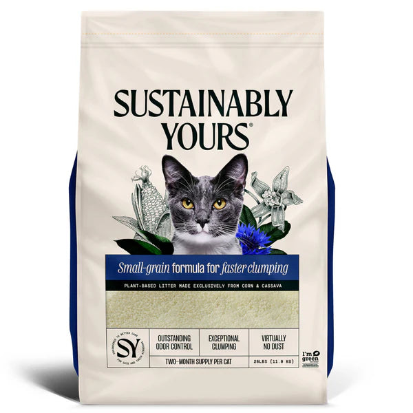 Cat litter package with 'Sustainably Yours' branding and a cat's face on the label.