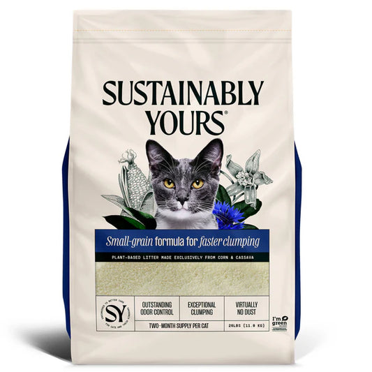 Cat litter package with 'Sustainably Yours' branding and a cat's face on the label.