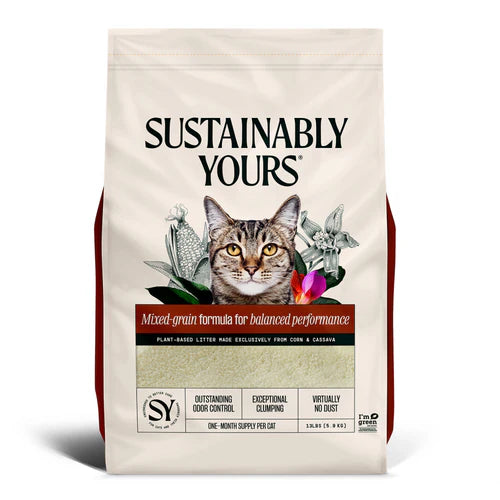 Cat food package with 'Sustainably Yours' branding and a cat on the label.