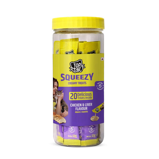 Jar of Top Cat Squeezy creamy treats with yellow lid and purple label on a white background