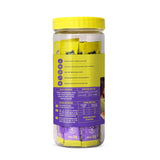 Jar of pet treats with a yellow lid and purple label on a white background