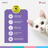 Cat with a purple panel detailing the 'Vital 5 Formula' benefits on a white background.