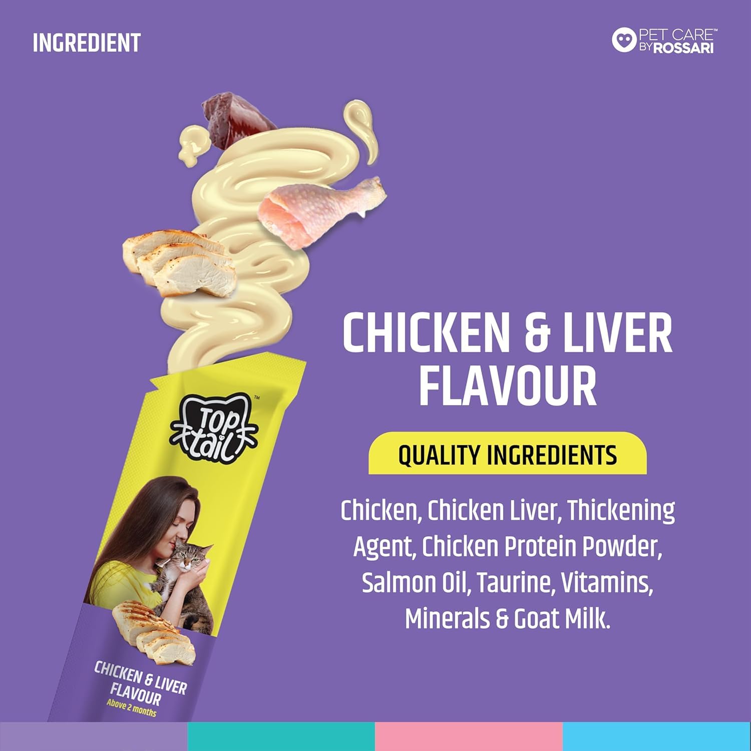 Top Cat chicken and liver flavor cat food packaging with ingredients listed on a purple background