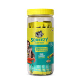 Jar of Top Cat Squeezy Creamy Treats for cats with a yellow lid on a white background