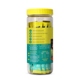 Jar of yellow packets with a green label on a white background