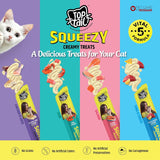 Top Cat Squeezy creamy treats packaging with a cat on a purple background