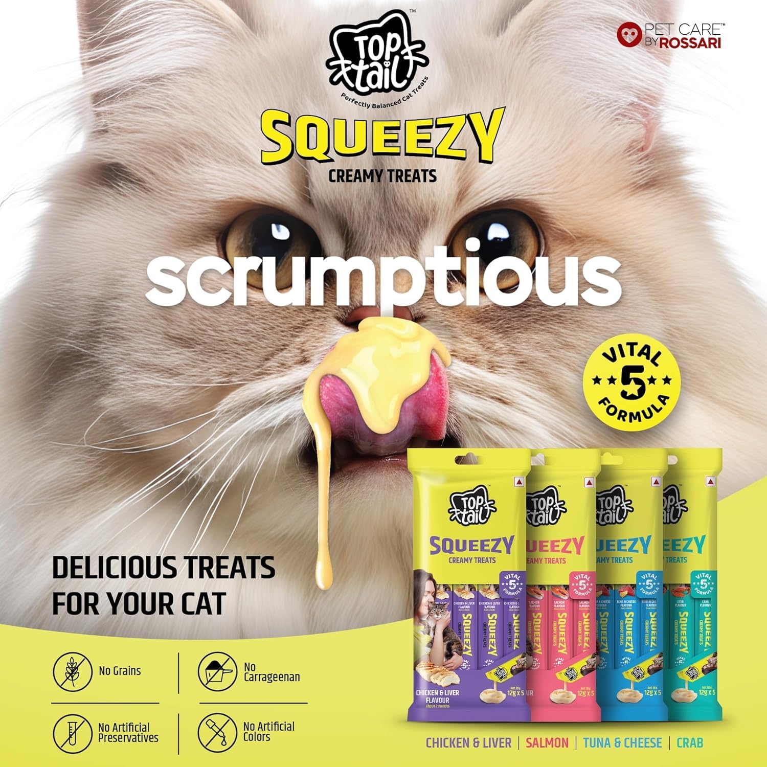 Cat eating a Top Cat Squeezy treat with product packaging displayed.