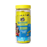 Jar of Top Cat Squeezy creamy treats with yellow lid on a white background