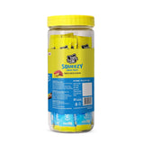 Jar of Top Cat Squeezzy cat treats with yellow lid and label on a white background