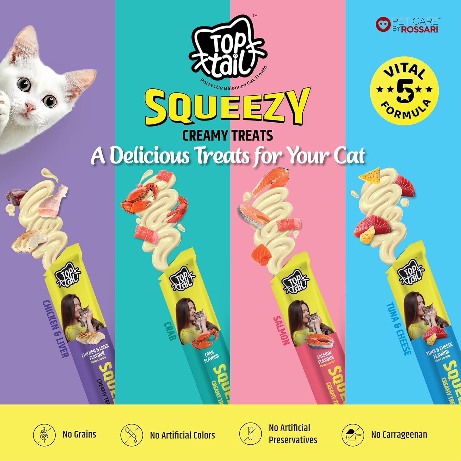 Top Cat Squeezy creamy treats packaging with a cat on a purple background