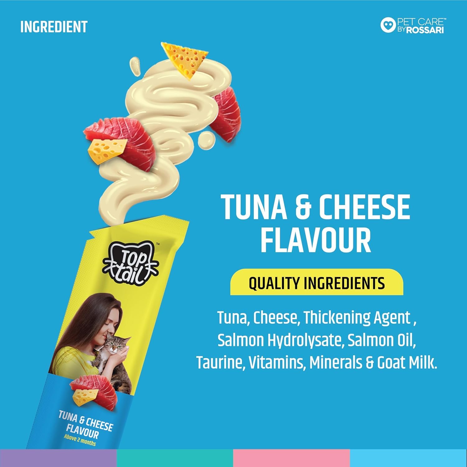 Top Cat tuna and cheese flavour cat treat packaging with ingredient list on a blue background