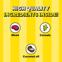 Yellow background with striped pattern and icons for meat, cereals, and coconut oil on a product label.