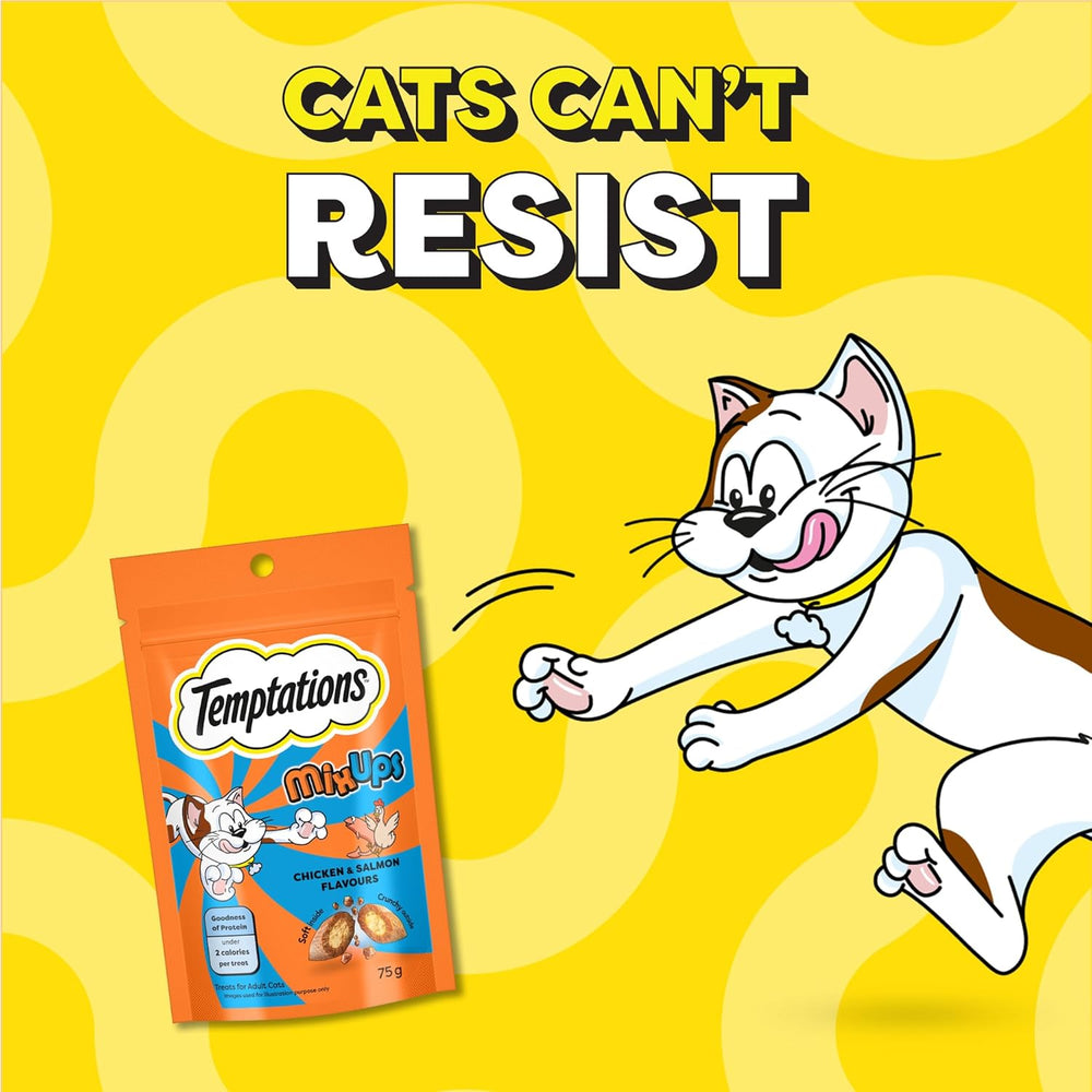 Temptations cat treats packaging with cartoon cat on a yellow background