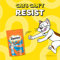 Temptations cat treats packaging with cartoon cat on a yellow background