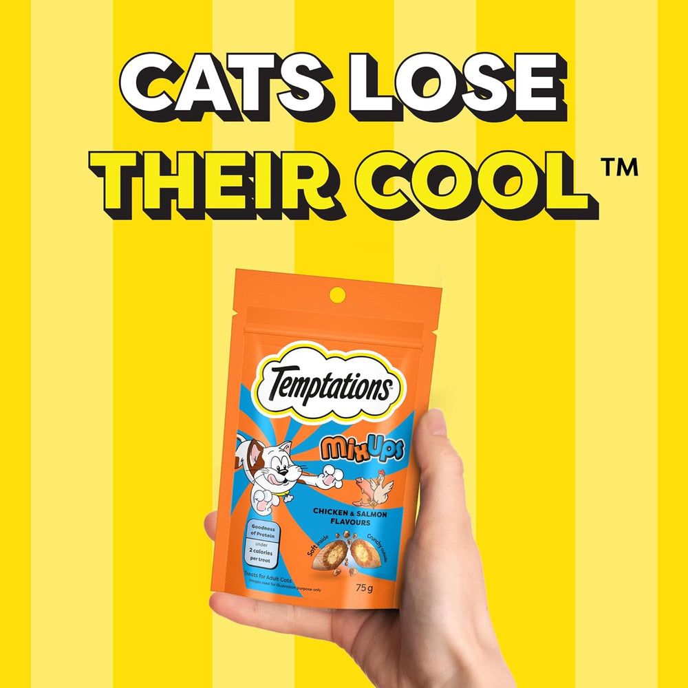 Temptations cat treats package held in front of a yellow background with text 'Cats Lose Their Cool'.