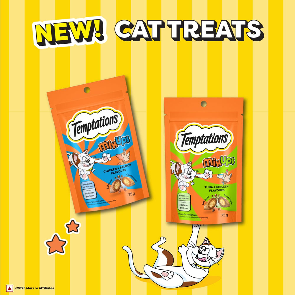 Two packages of Temptations cat treats on a yellow striped background with a cartoon cat.