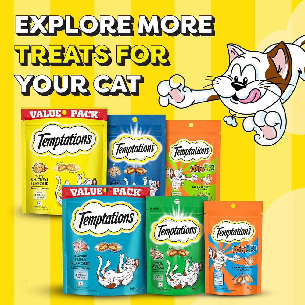 Temptations cat treats packaging with cartoon cat on yellow background