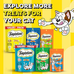 Temptations cat treats packaging with cartoon cat on yellow background