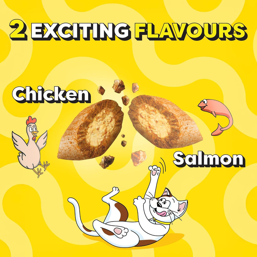 Catnip treats with chicken and salmon flavors on a yellow background